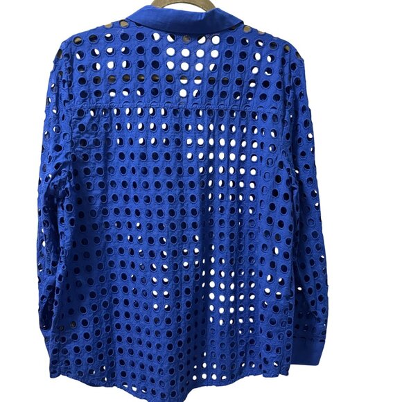 Simply Vera Vera Wang Blue Eyelet Long Sleeve Button-Up Shirt Sz L Sheer - Picture 7 of 10